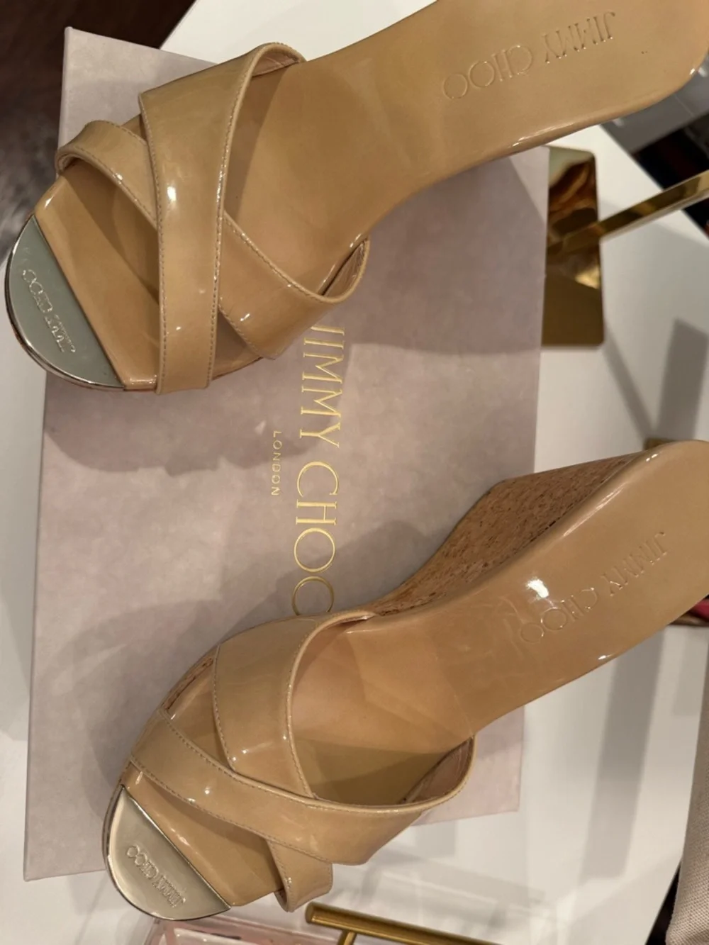 Jimmy Choo Beige Patent Leather Platform Wedge Sandals - Size 37.5 - Picture 3 of 5